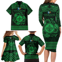 Personalized Monmouthshire Sir Fynwy Family Matching Long Sleeve Bodycon Dress and Hawaiian Shirt Green Fleur-de-lis Celtic-inspired - Wonder Print Shop