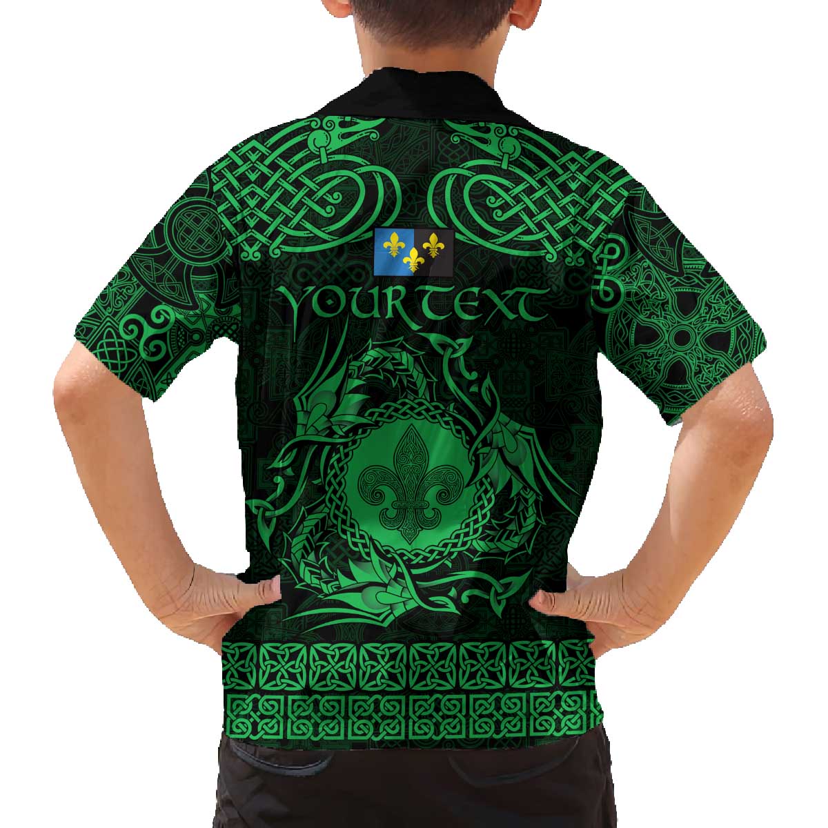 Personalized Monmouthshire Sir Fynwy Family Matching Off The Shoulder Long Sleeve Dress and Hawaiian Shirt Green Fleur-de-lis Celtic-inspired - Wonder Print Shop