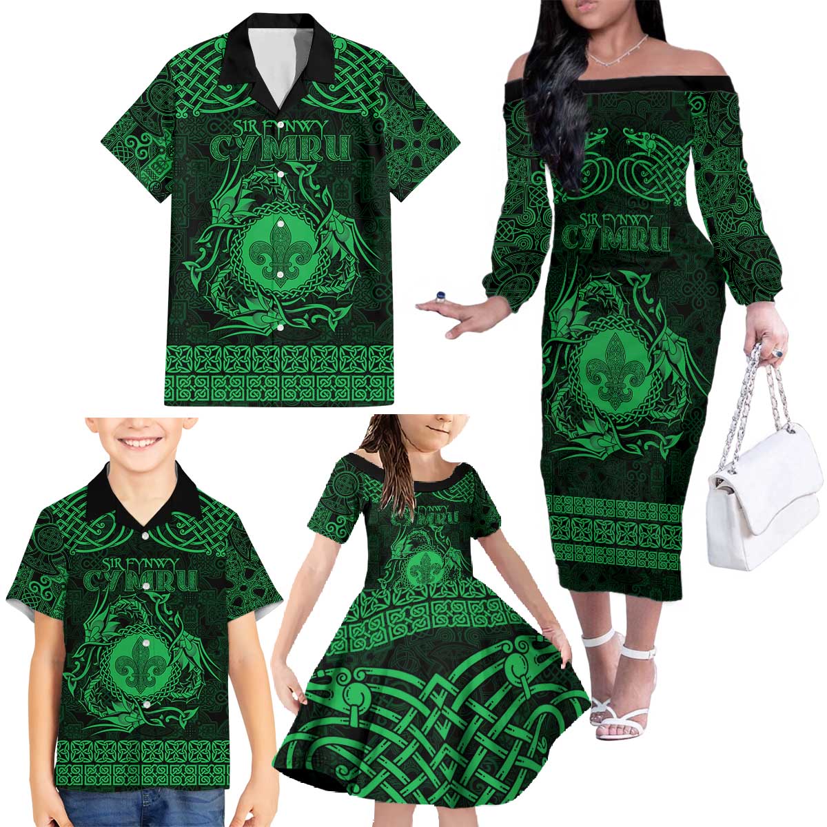 Personalized Monmouthshire Sir Fynwy Family Matching Off The Shoulder Long Sleeve Dress and Hawaiian Shirt Green Fleur-de-lis Celtic-inspired - Wonder Print Shop