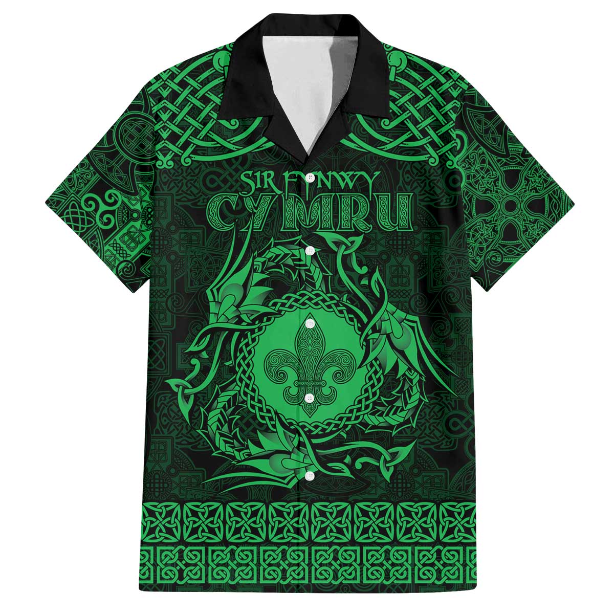 Personalized Monmouthshire Sir Fynwy Family Matching Off The Shoulder Long Sleeve Dress and Hawaiian Shirt Green Fleur-de-lis Celtic-inspired - Wonder Print Shop
