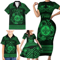 Personalized Monmouthshire Sir Fynwy Family Matching Short Sleeve Bodycon Dress and Hawaiian Shirt Green Fleur-de-lis Celtic-inspired - Wonder Print Shop
