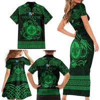 Personalized Monmouthshire Sir Fynwy Family Matching Short Sleeve Bodycon Dress and Hawaiian Shirt Green Fleur-de-lis Celtic-inspired - Wonder Print Shop