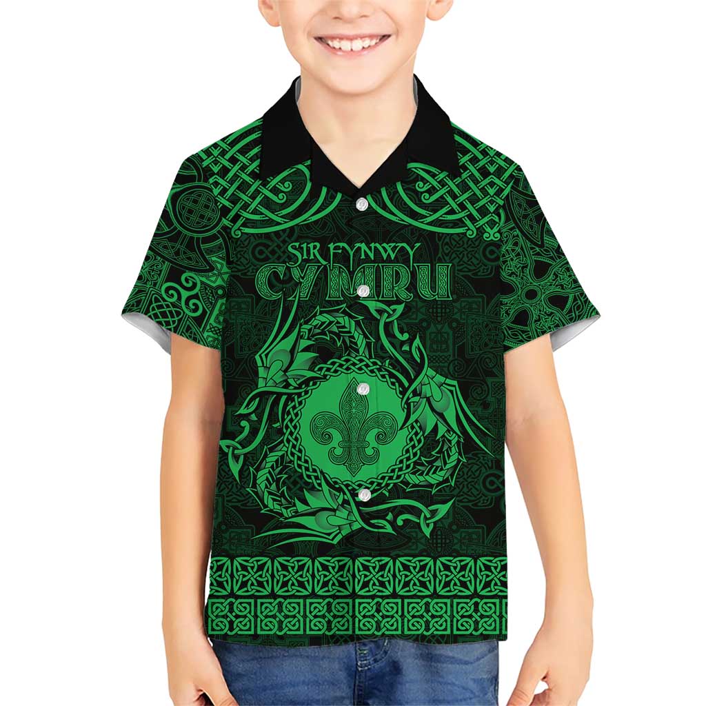 Personalized Monmouthshire Sir Fynwy Family Matching Short Sleeve Bodycon Dress and Hawaiian Shirt Green Fleur-de-lis Celtic-inspired - Wonder Print Shop