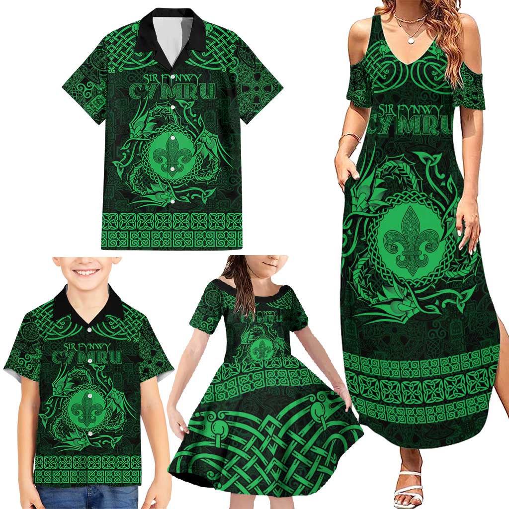 Personalized Monmouthshire Sir Fynwy Family Matching Summer Maxi Dress and Hawaiian Shirt Green Fleur-de-lis Celtic-inspired - Wonder Print Shop