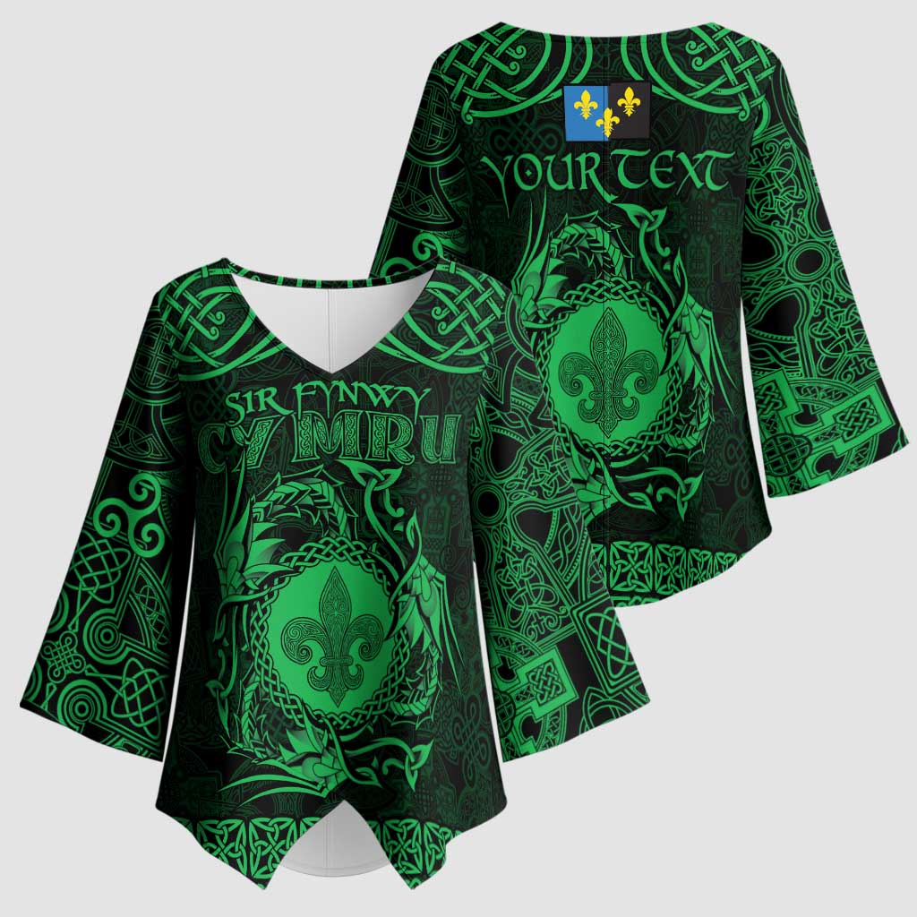 Personalized Monmouthshire Sir Fynwy Kimono Sleeve Blouse Green Fleur-de-lis Celtic-inspired - Wonder Print Shop