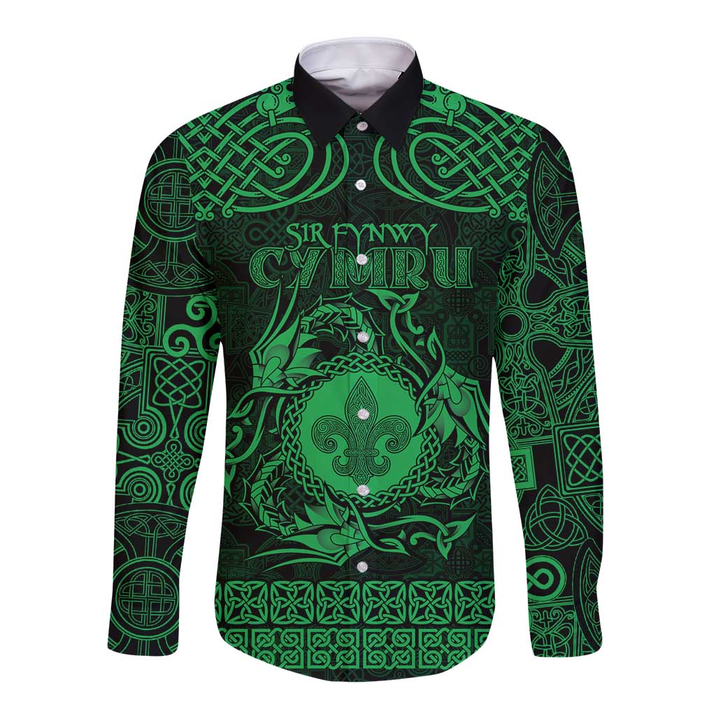 Personalized Monmouthshire Sir Fynwy Long Sleeve Button Shirt Green Fleur-de-lis Celtic-inspired - Wonder Print Shop