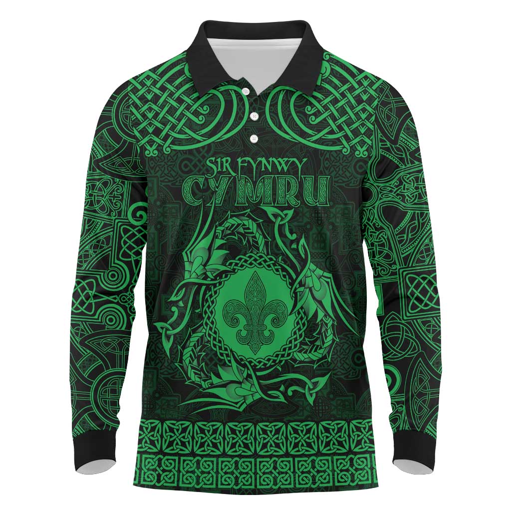 Personalized Monmouthshire Sir Fynwy Long Sleeve Polo Shirt Green Fleur-de-lis Celtic-inspired - Wonder Print Shop
