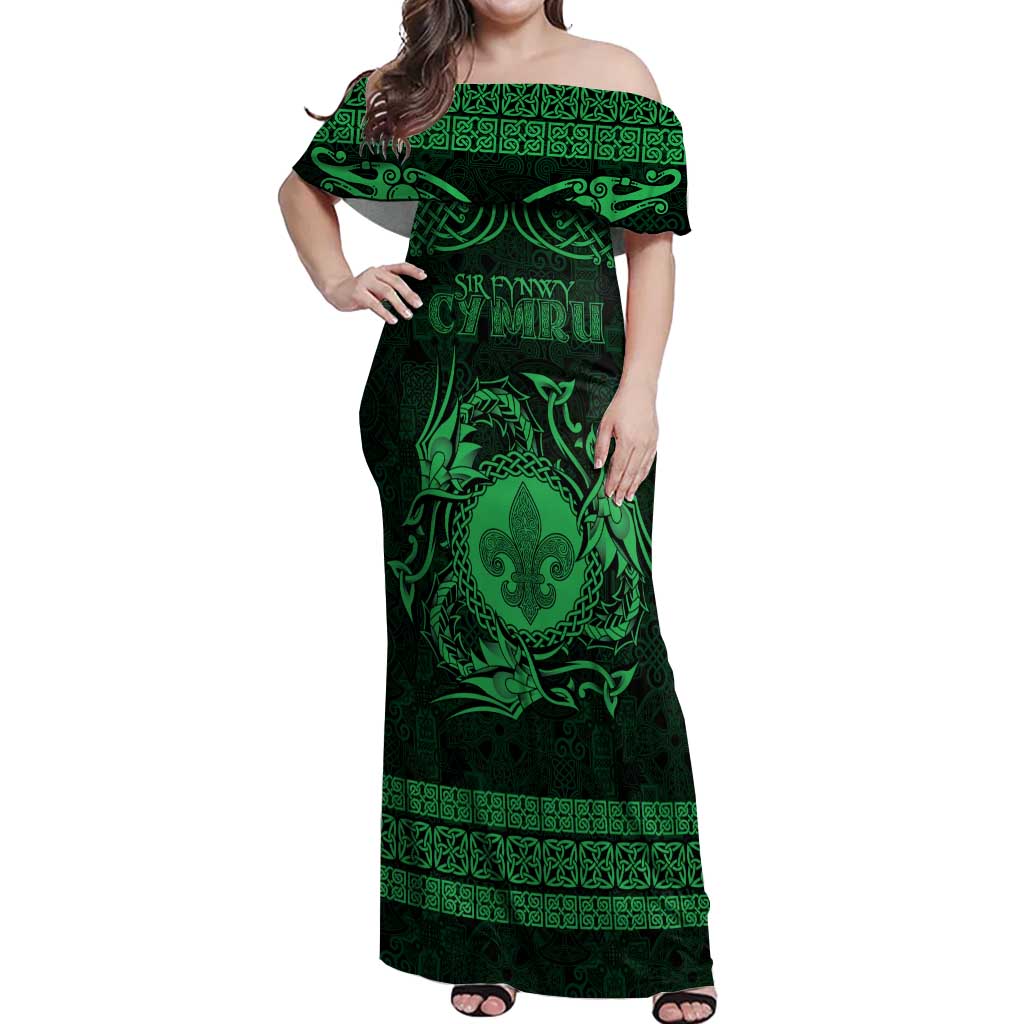 Personalized Monmouthshire Sir Fynwy Off Shoulder Maxi Dress Green Fleur-de-lis Celtic-inspired - Wonder Print Shop