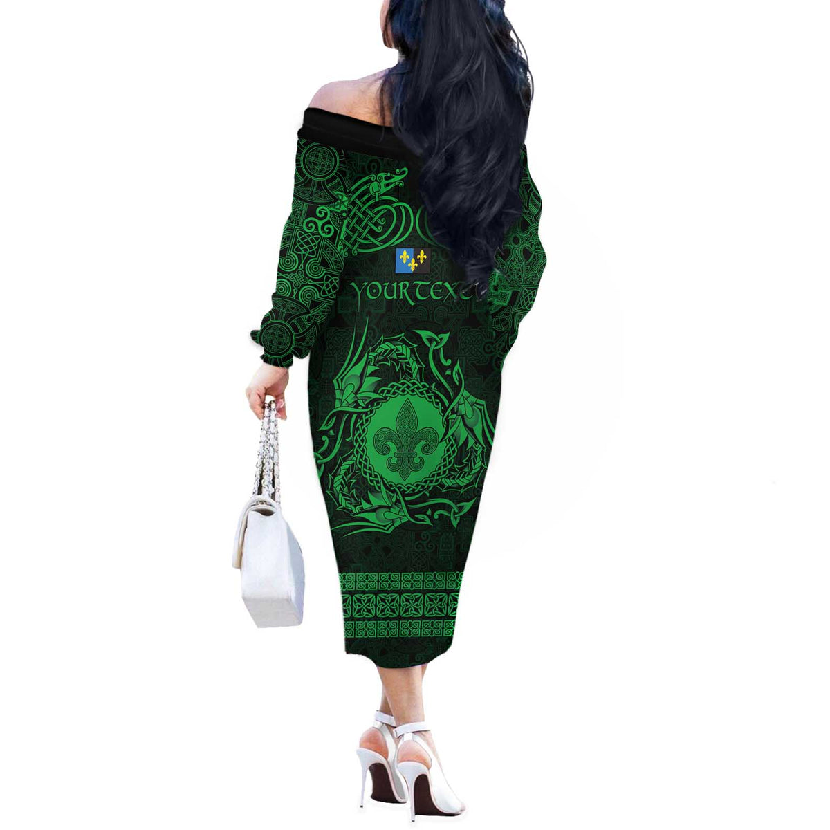 Personalized Monmouthshire Sir Fynwy Off The Shoulder Long Sleeve Dress Green Fleur-de-lis Celtic-inspired - Wonder Print Shop