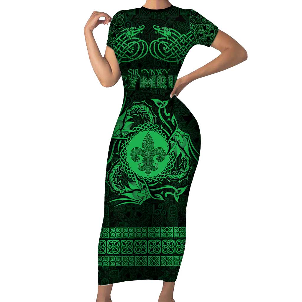 Personalized Monmouthshire Sir Fynwy Short Sleeve Bodycon Dress Green Fleur-de-lis Celtic-inspired - Wonder Print Shop