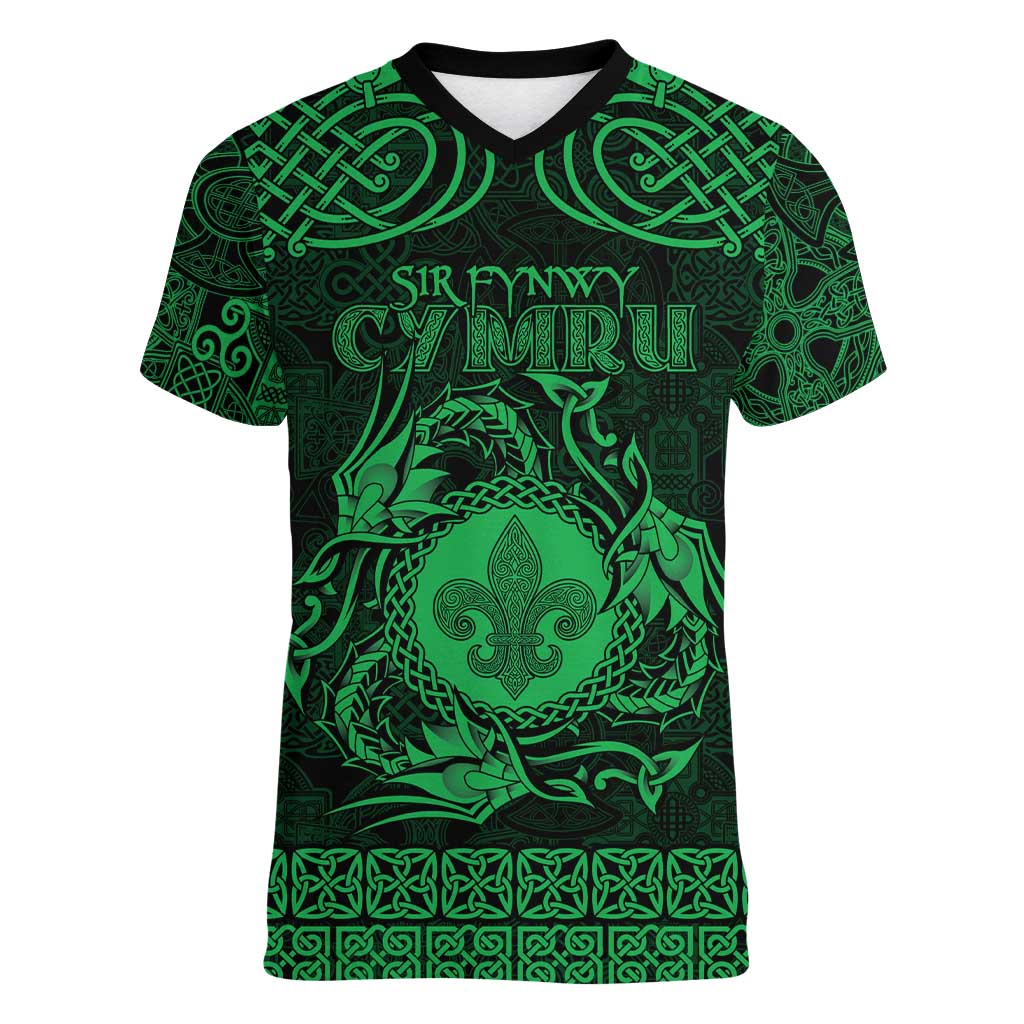 Personalized Monmouthshire Sir Fynwy Women V-Neck T-Shirt Green Fleur-de-lis Celtic-inspired - Wonder Print Shop