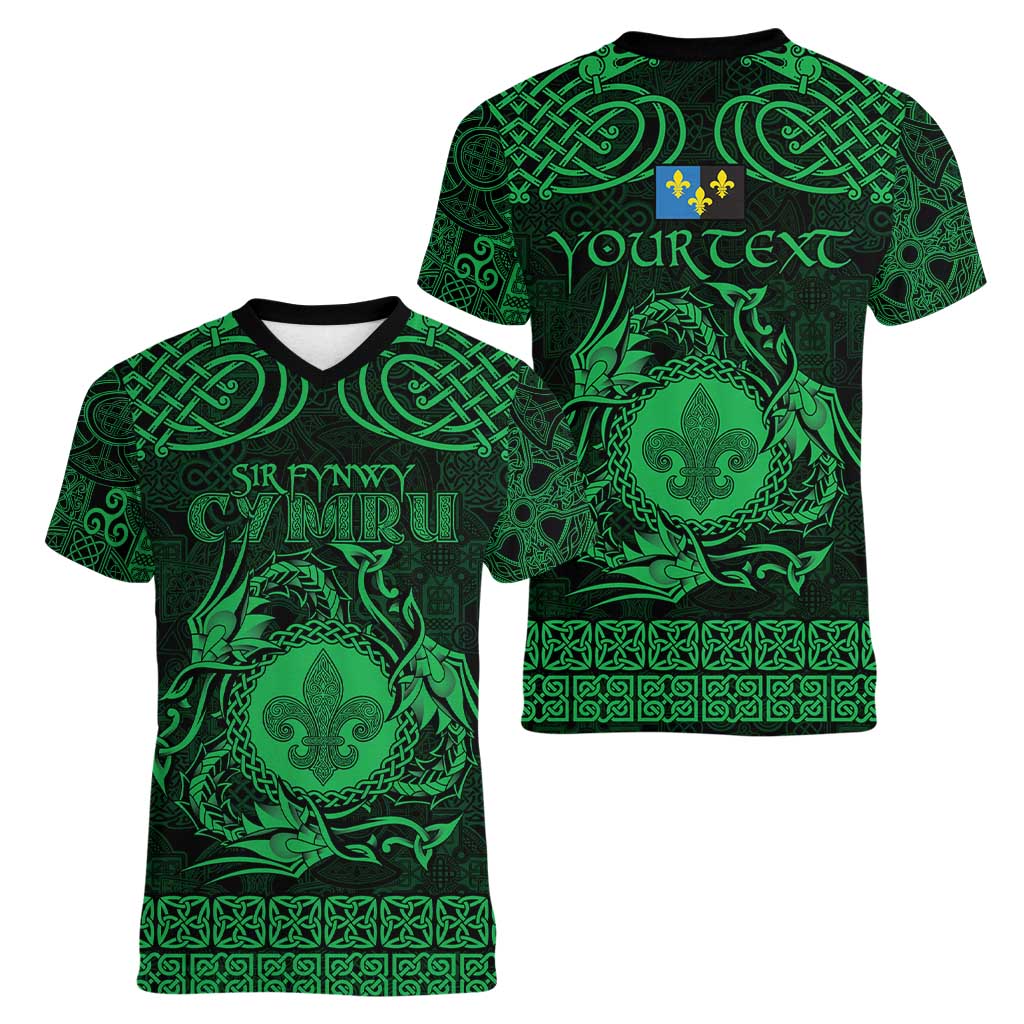 Personalized Monmouthshire Sir Fynwy Women V-Neck T-Shirt Green Fleur-de-lis Celtic-inspired - Wonder Print Shop