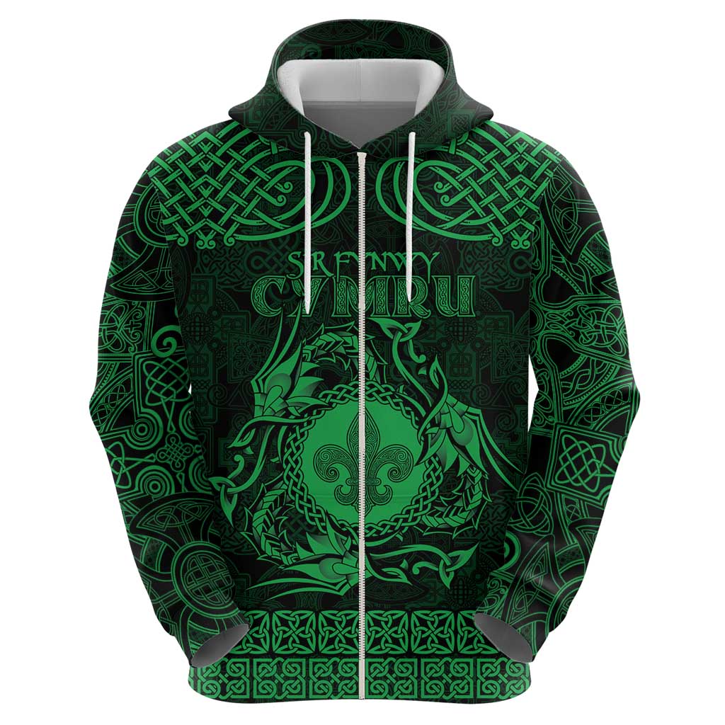 Personalized Monmouthshire Sir Fynwy Zip Hoodie Green Fleur-de-lis Celtic-inspired - Wonder Print Shop