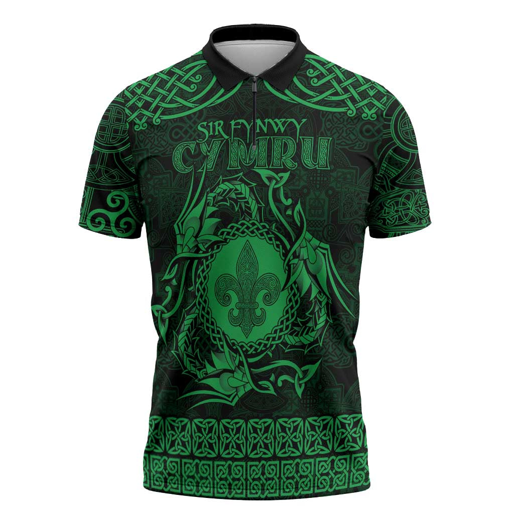 Personalized Monmouthshire Sir Fynwy Zipper Polo Shirt Green Fleur-de-lis Celtic-inspired - Wonder Print Shop