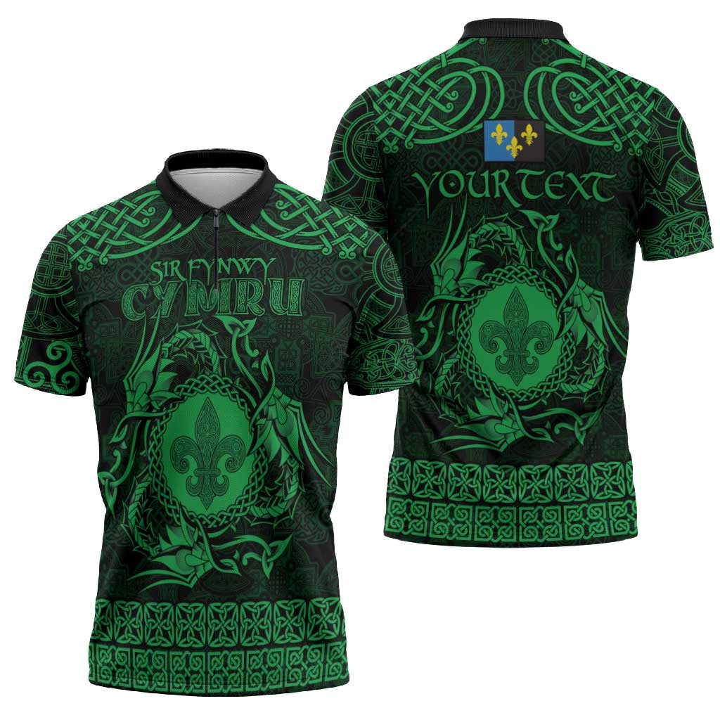 Personalized Monmouthshire Sir Fynwy Zipper Polo Shirt Green Fleur-de-lis Celtic-inspired - Wonder Print Shop