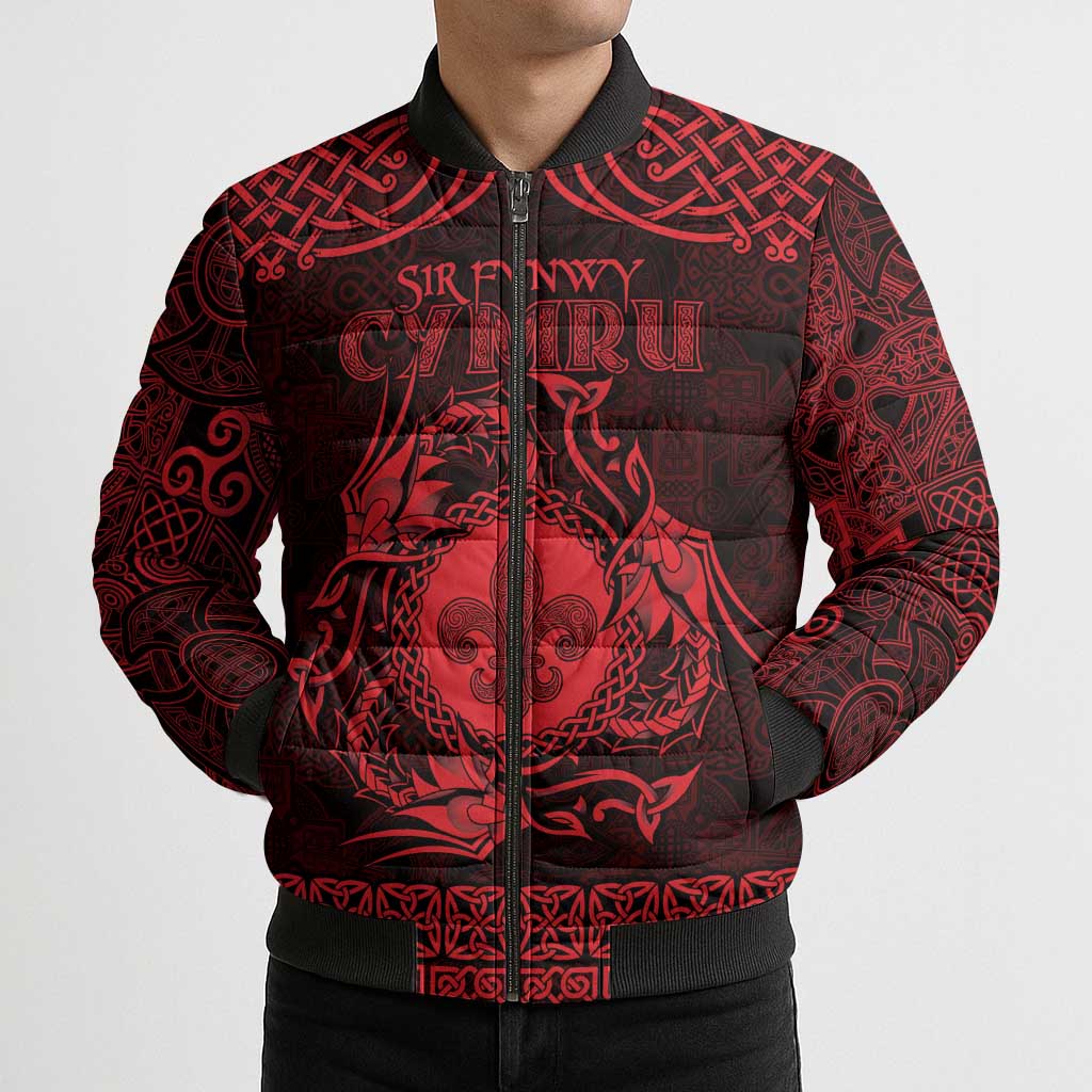 Personalized Monmouthshire Sir Fynwy Bomber Puffer Jacket Red Fleur-de-lis Celtic-inspired - Wonder Print Shop