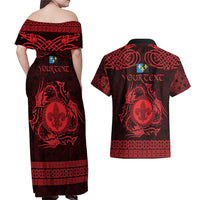 Personalized Monmouthshire Sir Fynwy Couples Matching Off Shoulder Maxi Dress and Hawaiian Shirt Red Fleur-de-lis Celtic-inspired - Wonder Print Shop