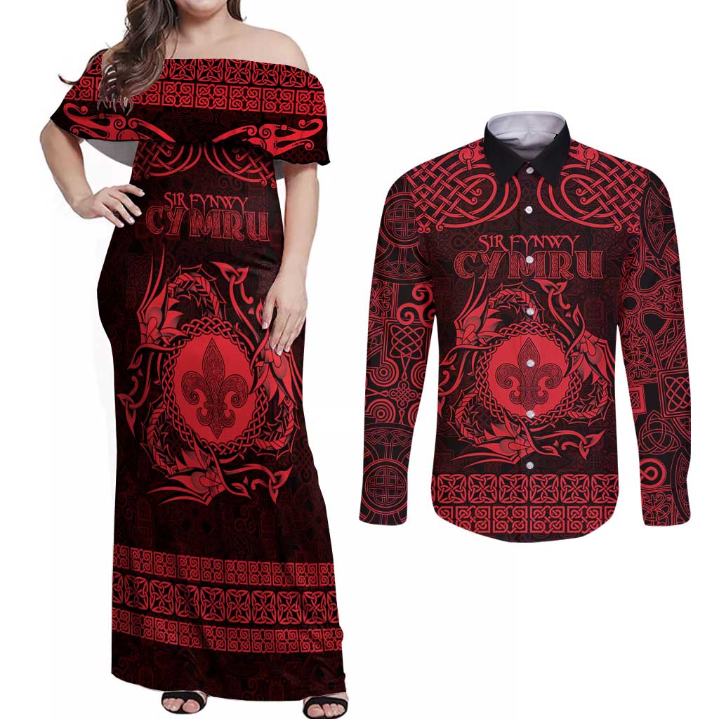 Personalized Monmouthshire Sir Fynwy Couples Matching Off Shoulder Maxi Dress and Long Sleeve Button Shirt Red Fleur-de-lis Celtic-inspired - Wonder Print Shop