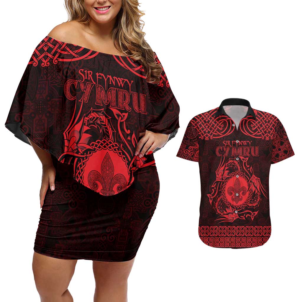 Personalized Monmouthshire Sir Fynwy Couples Matching Off Shoulder Short Dress and Hawaiian Shirt Red Fleur-de-lis Celtic-inspired - Wonder Print Shop