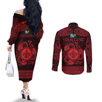 Personalized Monmouthshire Sir Fynwy Couples Matching Off The Shoulder Long Sleeve Dress and Long Sleeve Button Shirt Red Fleur-de-lis Celtic-inspired - Wonder Print Shop