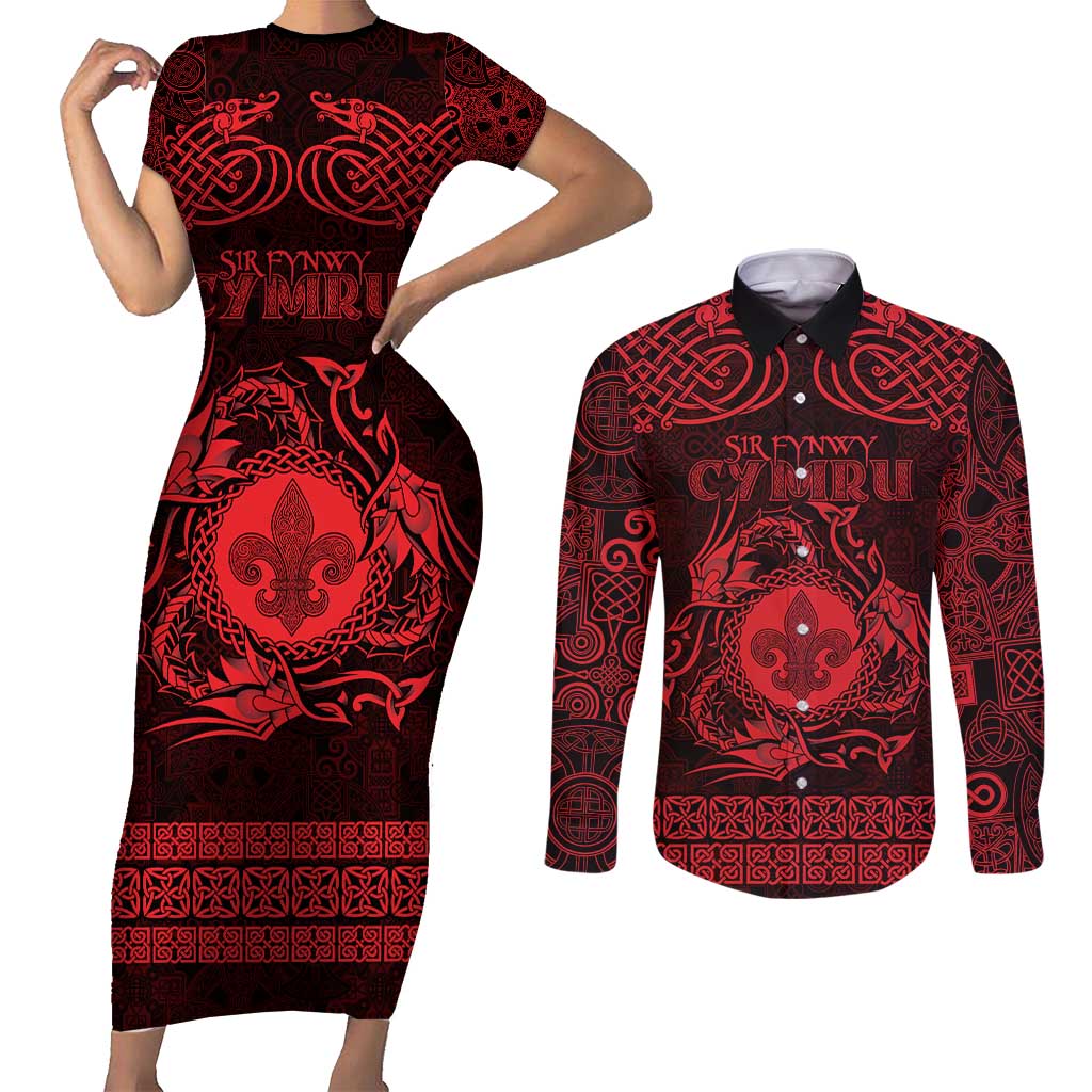 Personalized Monmouthshire Sir Fynwy Couples Matching Short Sleeve Bodycon Dress and Long Sleeve Button Shirt Red Fleur-de-lis Celtic-inspired - Wonder Print Shop