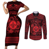 Personalized Monmouthshire Sir Fynwy Couples Matching Short Sleeve Bodycon Dress and Long Sleeve Button Shirt Red Fleur-de-lis Celtic-inspired - Wonder Print Shop