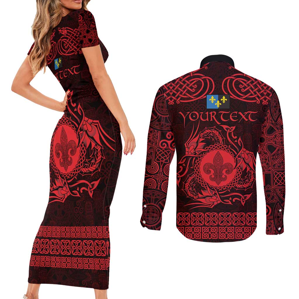 Personalized Monmouthshire Sir Fynwy Couples Matching Short Sleeve Bodycon Dress and Long Sleeve Button Shirt Red Fleur-de-lis Celtic-inspired - Wonder Print Shop