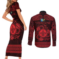 Personalized Monmouthshire Sir Fynwy Couples Matching Short Sleeve Bodycon Dress and Long Sleeve Button Shirt Red Fleur-de-lis Celtic-inspired - Wonder Print Shop