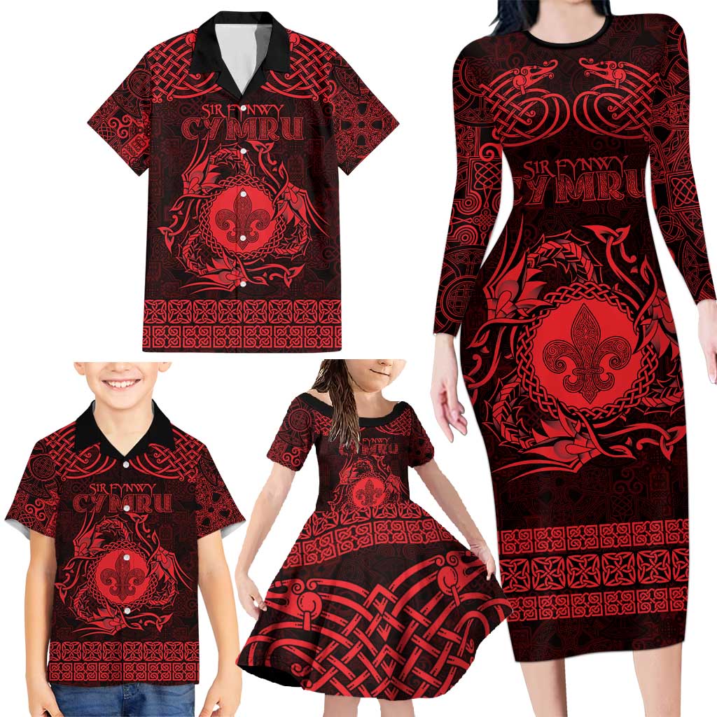 Personalized Monmouthshire Sir Fynwy Family Matching Long Sleeve Bodycon Dress and Hawaiian Shirt Red Fleur-de-lis Celtic-inspired - Wonder Print Shop