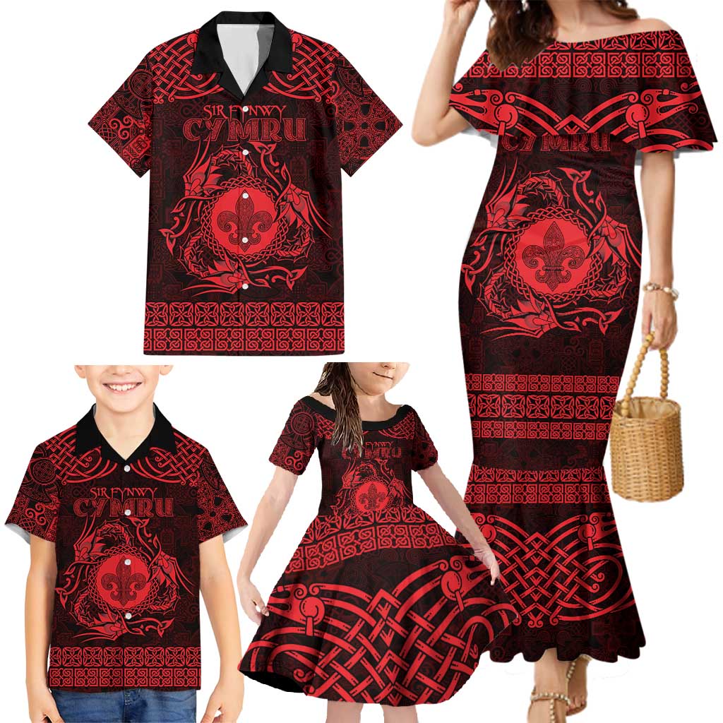 Personalized Monmouthshire Sir Fynwy Family Matching Mermaid Dress and Hawaiian Shirt Red Fleur-de-lis Celtic-inspired - Wonder Print Shop