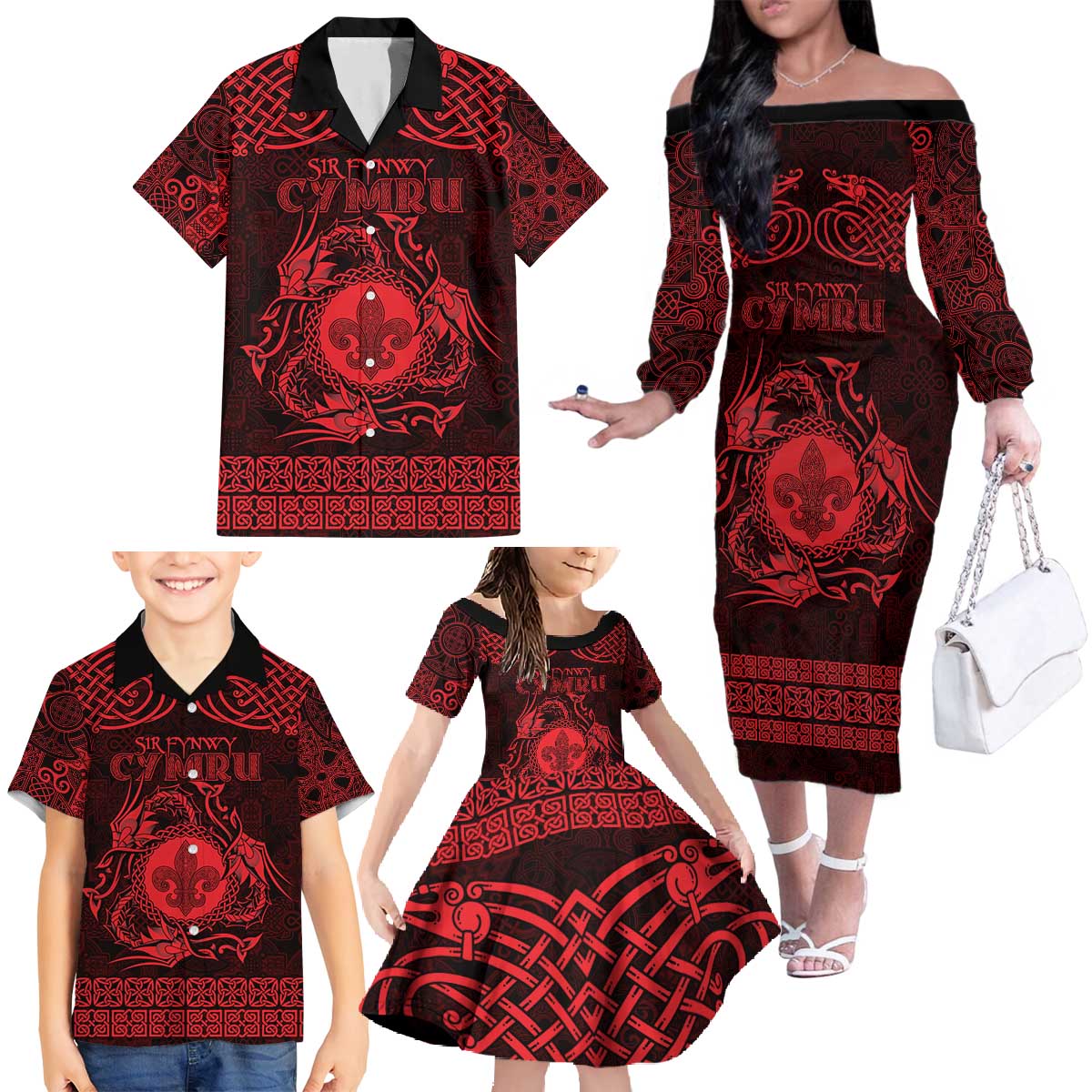 Personalized Monmouthshire Sir Fynwy Family Matching Off The Shoulder Long Sleeve Dress and Hawaiian Shirt Red Fleur-de-lis Celtic-inspired - Wonder Print Shop