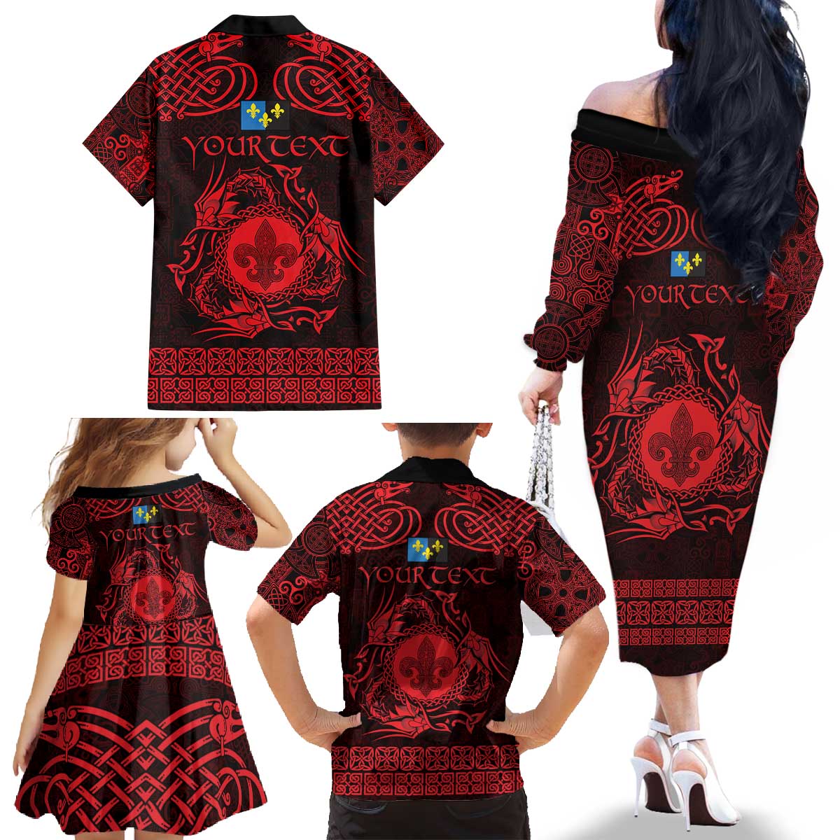 Personalized Monmouthshire Sir Fynwy Family Matching Off The Shoulder Long Sleeve Dress and Hawaiian Shirt Red Fleur-de-lis Celtic-inspired - Wonder Print Shop