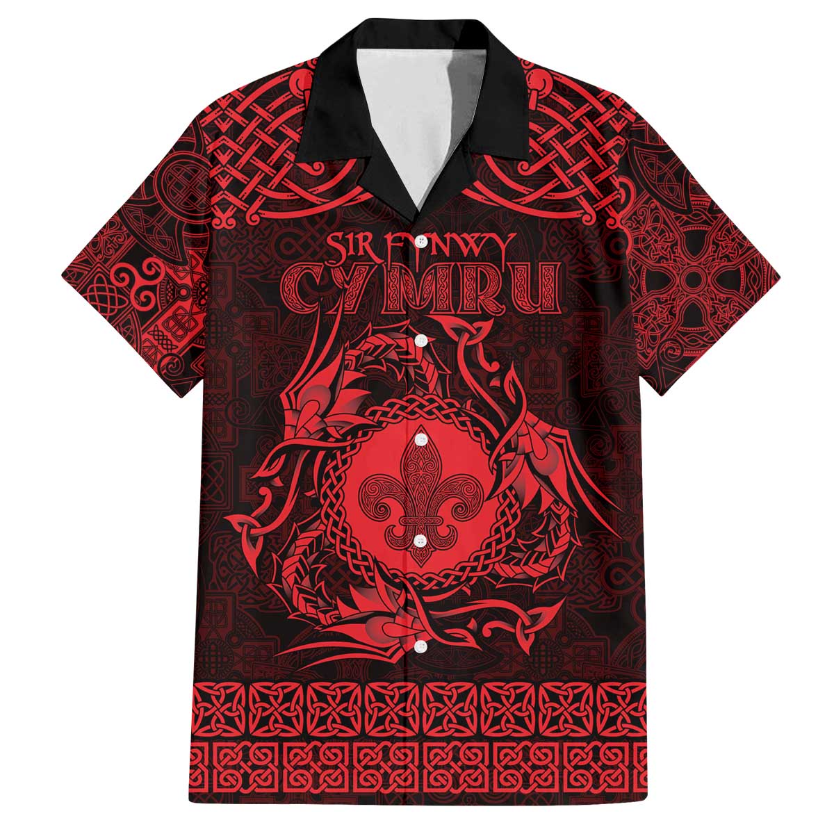 Personalized Monmouthshire Sir Fynwy Family Matching Off The Shoulder Long Sleeve Dress and Hawaiian Shirt Red Fleur-de-lis Celtic-inspired - Wonder Print Shop