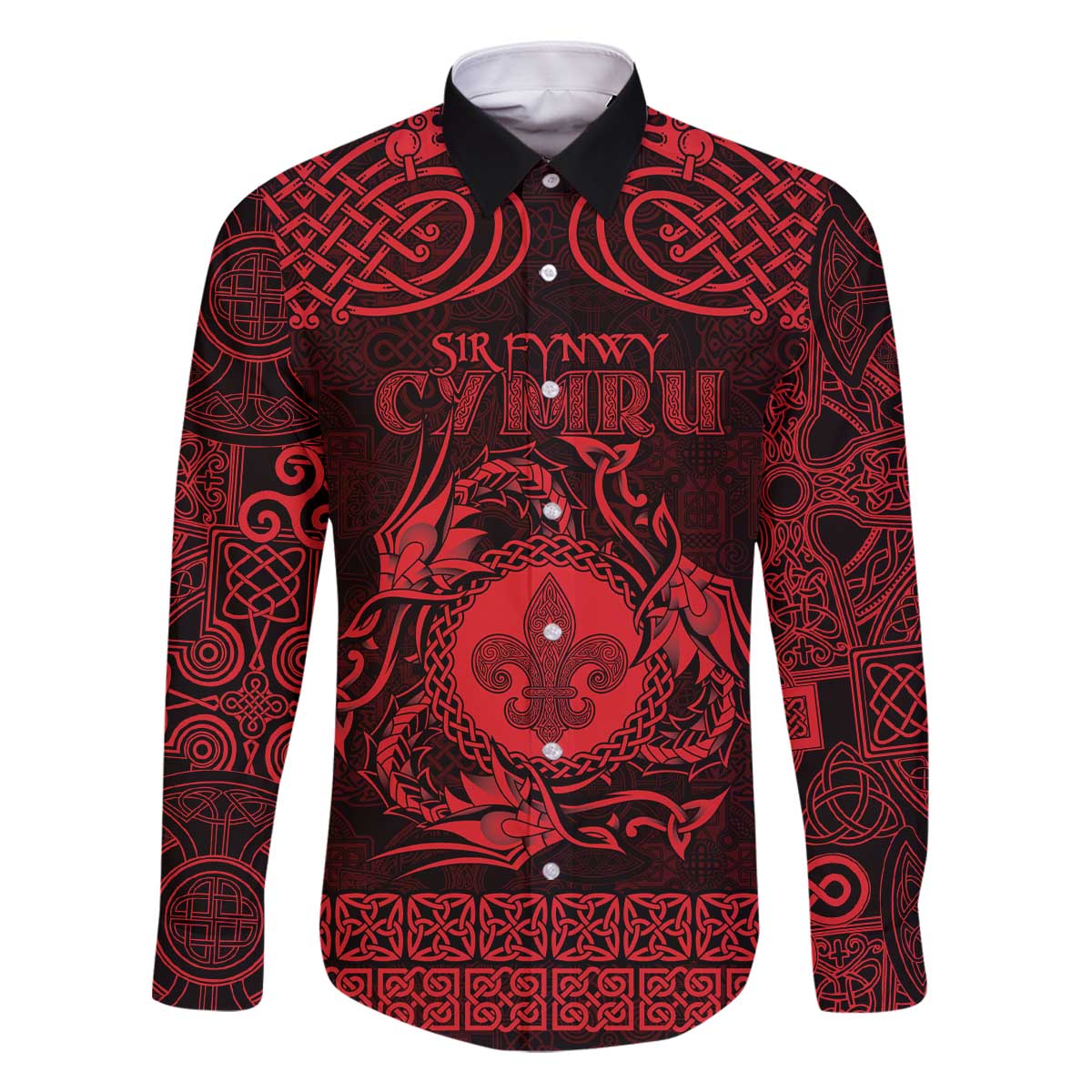 Personalized Monmouthshire Sir Fynwy Family Matching Off The Shoulder Long Sleeve Dress and Hawaiian Shirt Red Fleur-de-lis Celtic-inspired - Wonder Print Shop