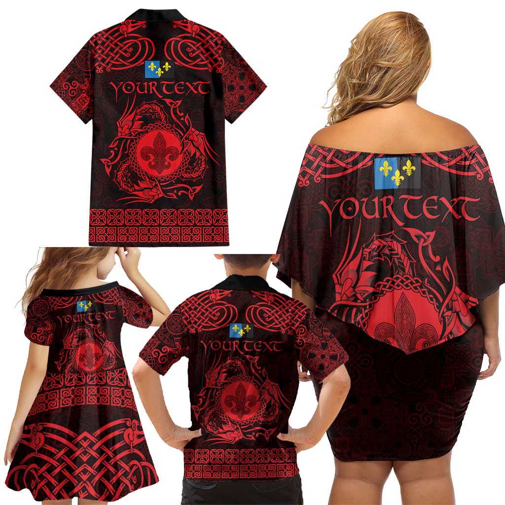 Personalized Monmouthshire Sir Fynwy Family Matching Off Shoulder Short Dress and Hawaiian Shirt Red Fleur-de-lis Celtic-inspired - Wonder Print Shop