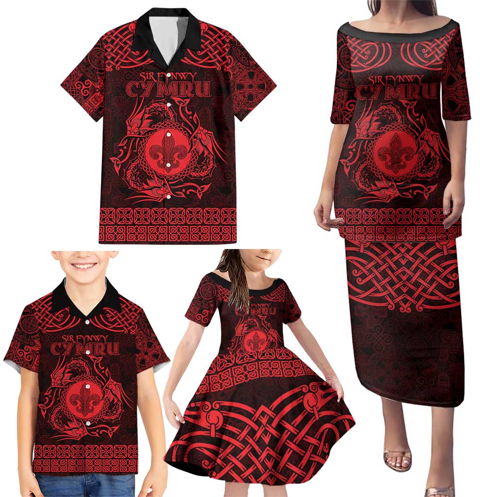 Personalized Monmouthshire Sir Fynwy Family Matching Puletasi and Hawaiian Shirt Red Fleur-de-lis Celtic-inspired - Wonder Print Shop