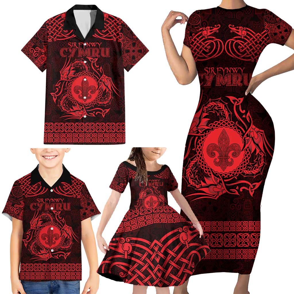 Personalized Monmouthshire Sir Fynwy Family Matching Short Sleeve Bodycon Dress and Hawaiian Shirt Red Fleur-de-lis Celtic-inspired - Wonder Print Shop
