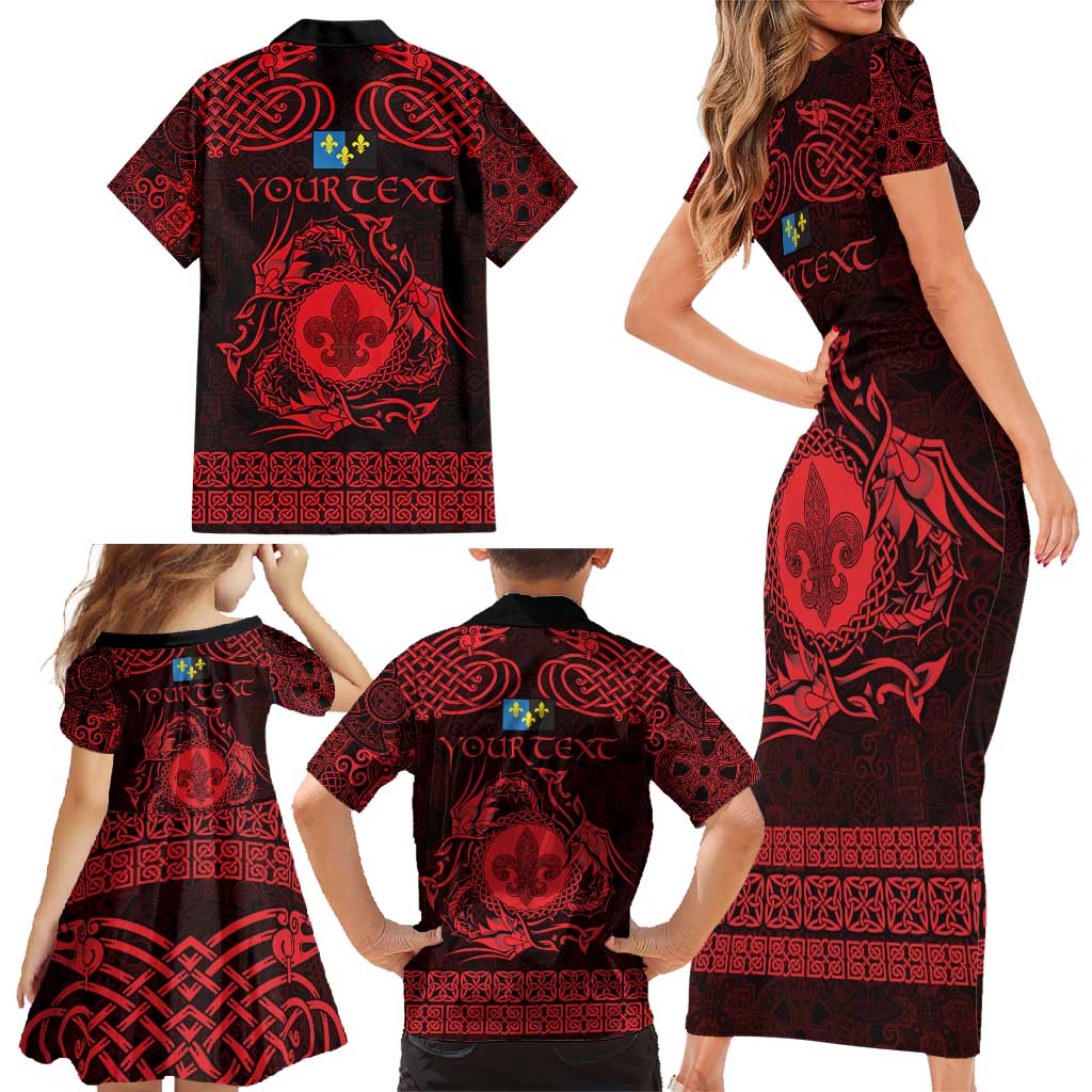 Personalized Monmouthshire Sir Fynwy Family Matching Short Sleeve Bodycon Dress and Hawaiian Shirt Red Fleur-de-lis Celtic-inspired - Wonder Print Shop