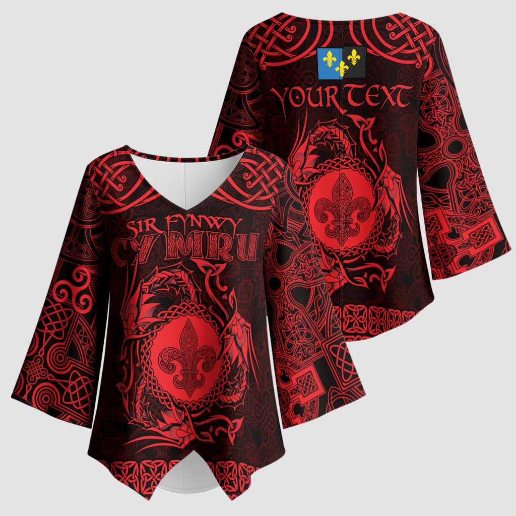 Personalized Monmouthshire Sir Fynwy Kimono Sleeve Blouse Red Fleur-de-lis Celtic-inspired - Wonder Print Shop