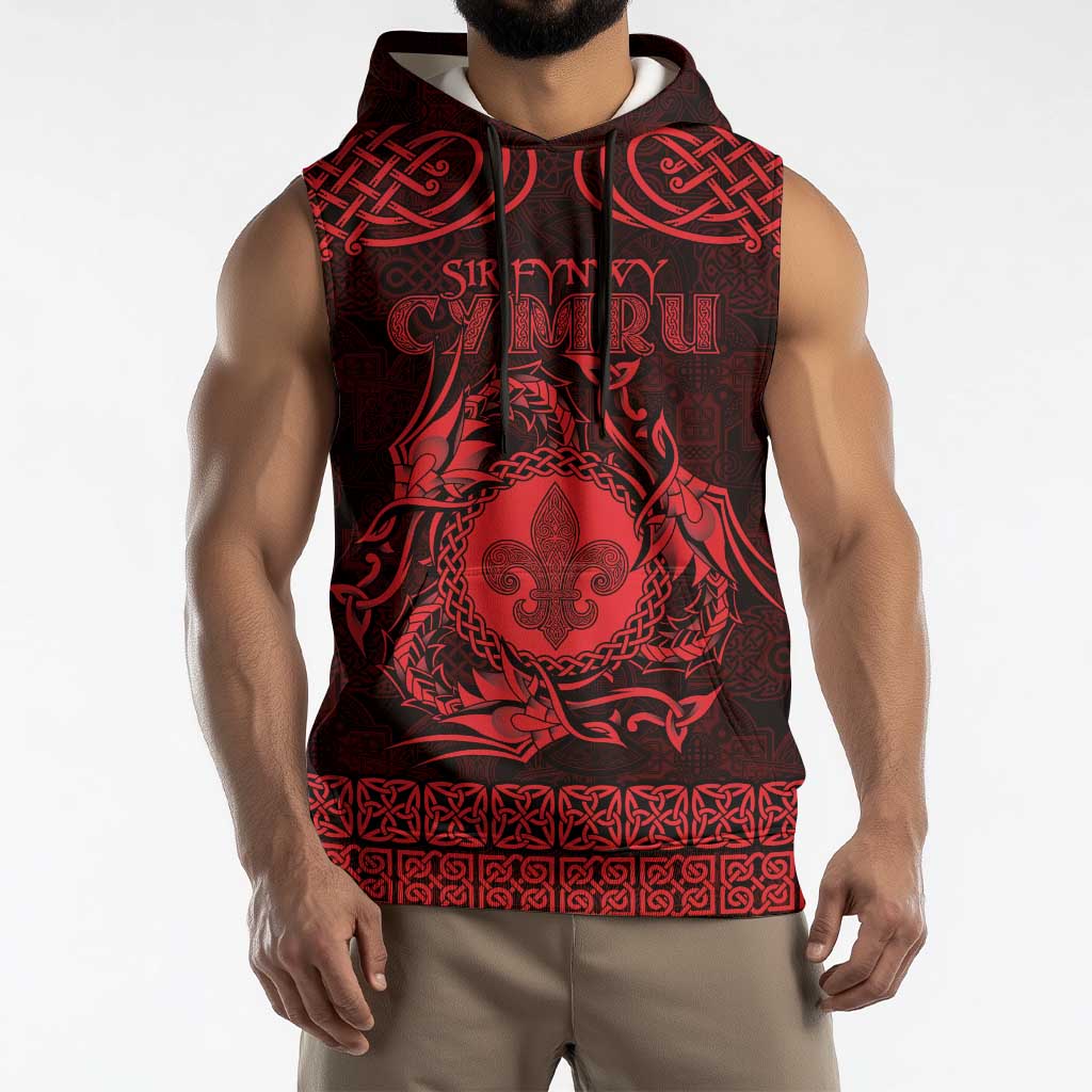 Personalized Monmouthshire Sir Fynwy Sleeveless Hoodie Red Fleur-de-lis Celtic-inspired - Wonder Print Shop
