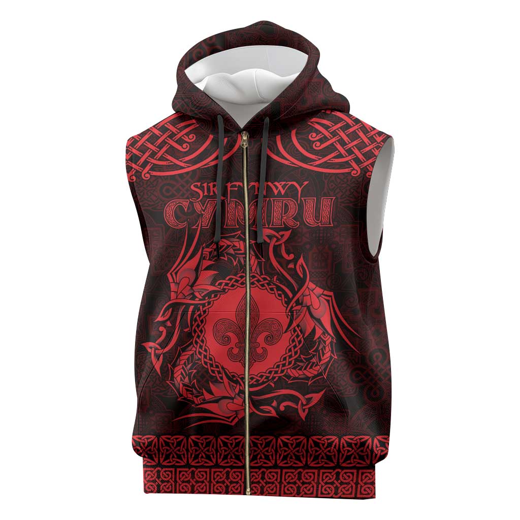 Personalized Monmouthshire Sir Fynwy Sleeveless Zip Hoodie Red Fleur-de-lis Celtic-inspired - Wonder Print Shop