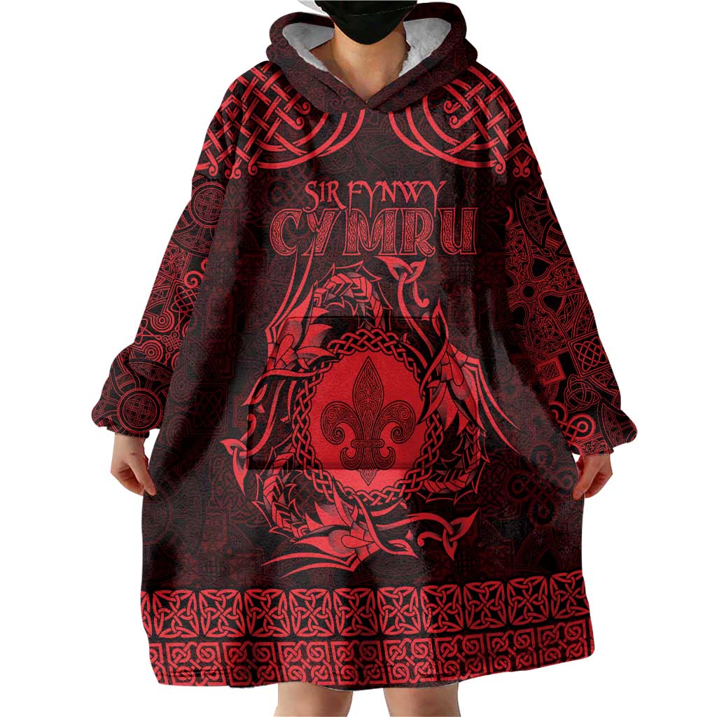 Personalized Monmouthshire Sir Fynwy Wearable Blanket Hoodie Red Fleur-de-lis Celtic-inspired - Wonder Print Shop