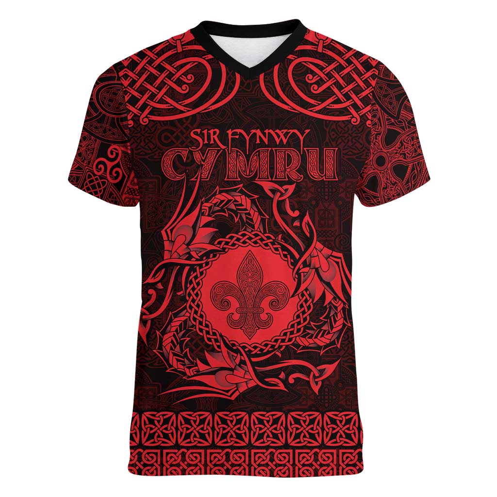 Personalized Monmouthshire Sir Fynwy Women V-Neck T-Shirt Red Fleur-de-lis Celtic-inspired - Wonder Print Shop