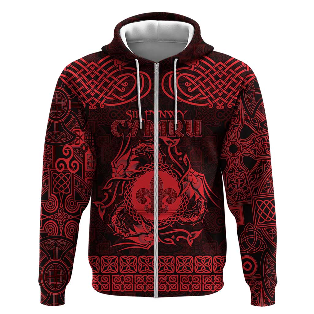 Personalized Monmouthshire Sir Fynwy Zip Hoodie Red Fleur-de-lis Celtic-inspired - Wonder Print Shop