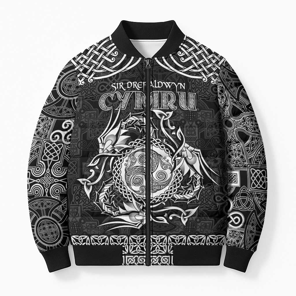 Personalized Montgomeryshire Sir Drefaldwyn Bomber Puffer Jacket Black Water Triskele Celtic-inspired - Wonder Print Shop