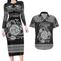 Personalized Montgomeryshire Sir Drefaldwyn Couples Matching Long Sleeve Bodycon Dress and Hawaiian Shirt Black Water Triskele Celtic-inspired - Wonder Print Shop