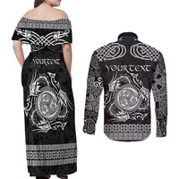 Personalized Montgomeryshire Sir Drefaldwyn Couples Matching Off Shoulder Maxi Dress and Long Sleeve Button Shirt Black Water Triskele Celtic-inspired - Wonder Print Shop