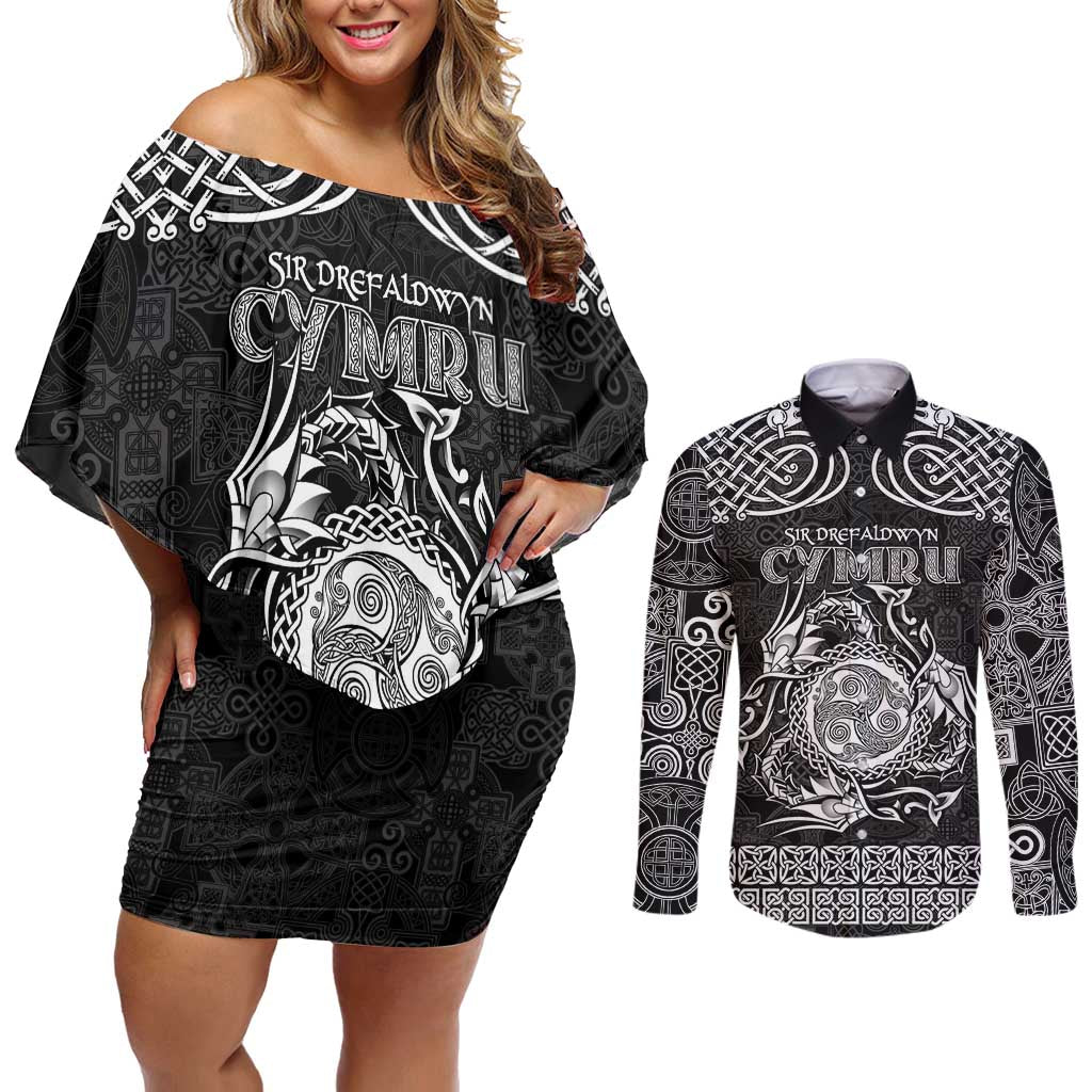 Personalized Montgomeryshire Sir Drefaldwyn Couples Matching Off Shoulder Short Dress and Long Sleeve Button Shirt Black Water Triskele Celtic-inspired - Wonder Print Shop