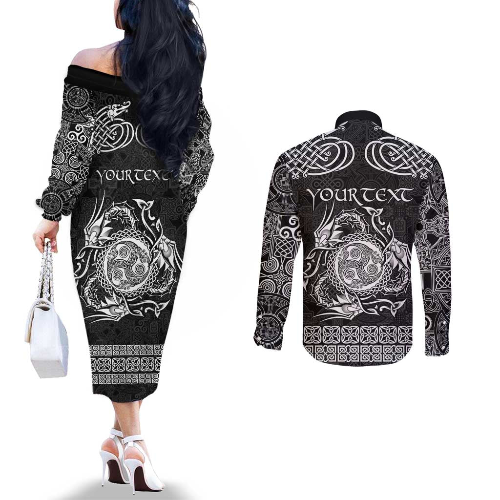 Personalized Montgomeryshire Sir Drefaldwyn Couples Matching Off The Shoulder Long Sleeve Dress and Long Sleeve Button Shirt Black Water Triskele Celtic-inspired - Wonder Print Shop