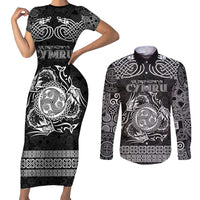 Personalized Montgomeryshire Sir Drefaldwyn Couples Matching Short Sleeve Bodycon Dress and Long Sleeve Button Shirt Black Water Triskele Celtic-inspired - Wonder Print Shop